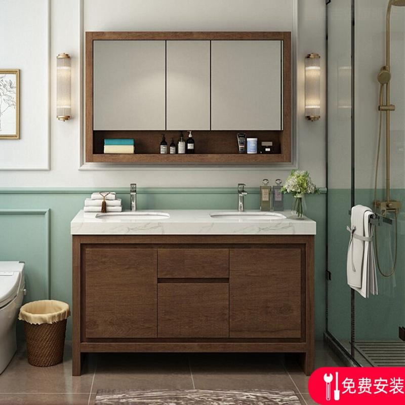 北欧橡木实木美式落地浴室柜组合岩板无缝陶瓷盆洗手洗脸台盆定制