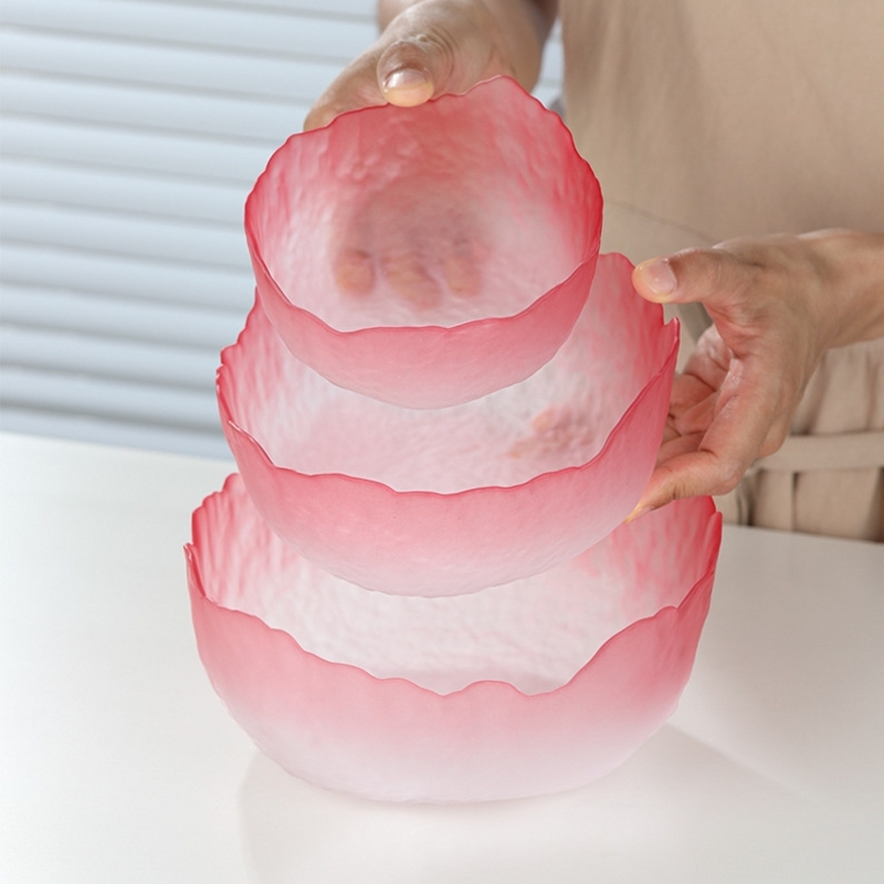 日式莲雾粉沙拉碗圆形网红蔬菜水果玻璃碗套装家用冰粉餐具甜品碗