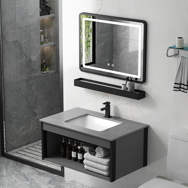 简易岩板太空铝洗脸盆柜组合卫生间洗漱台家用智能镜挂墙式洗手盆