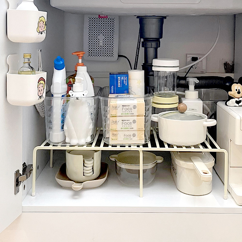 厨房下水槽置物架抽拉式分层橱柜下可伸缩多功能调味品台面收纳架