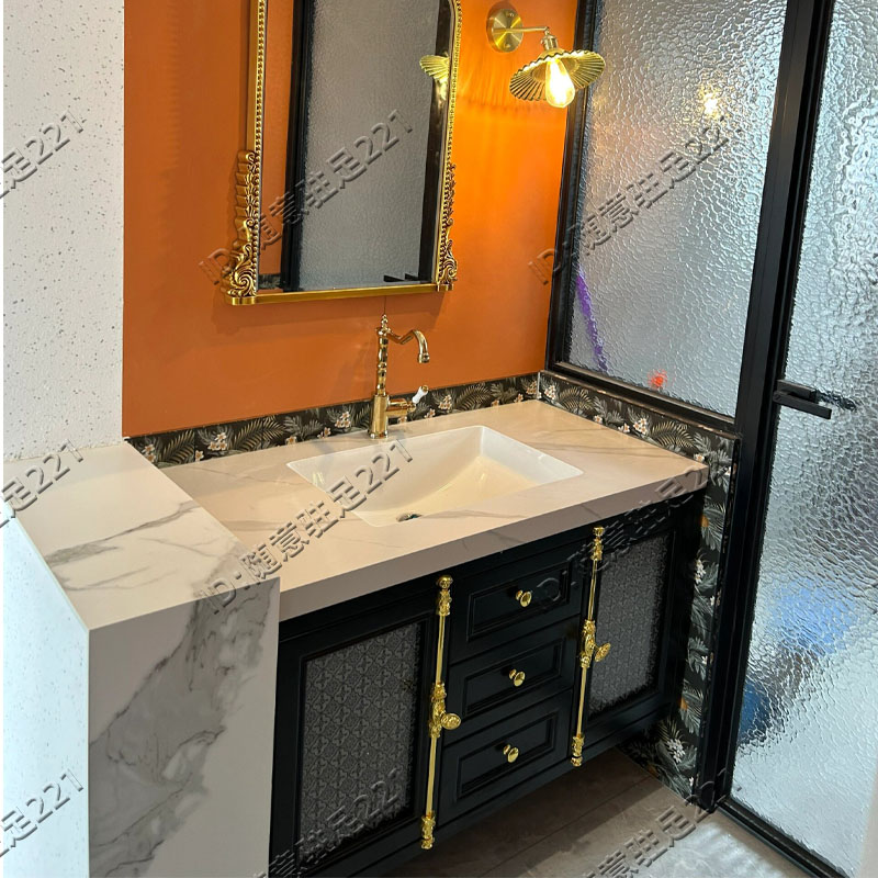 法式橡木浴室柜组合复古海棠玻璃门天地锁实木吊柜洗脸盆卫浴柜