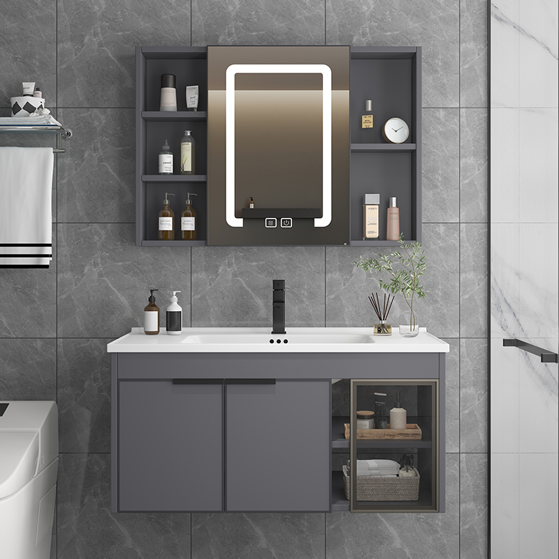 现代浴室柜组合一体面盆简约卫生间洗漱台智能镜柜岩板洗手盆组合