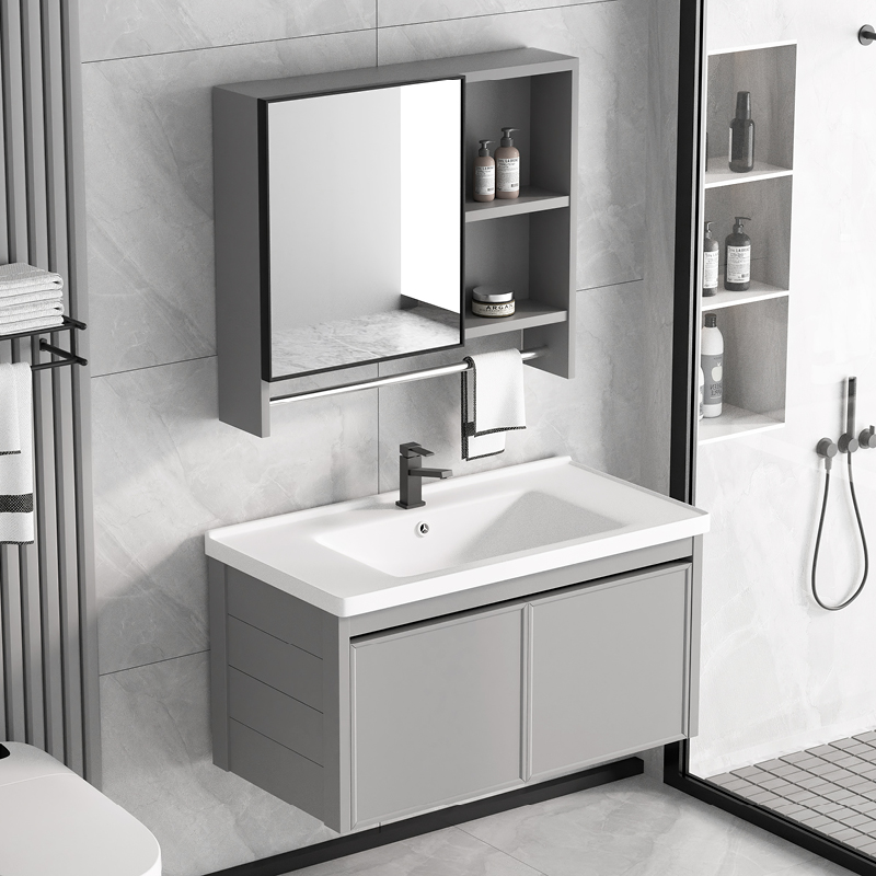 灰色太空铝浴室吊柜智能镜柜小户型卫生间陶瓷台面一体盆带毛巾杆