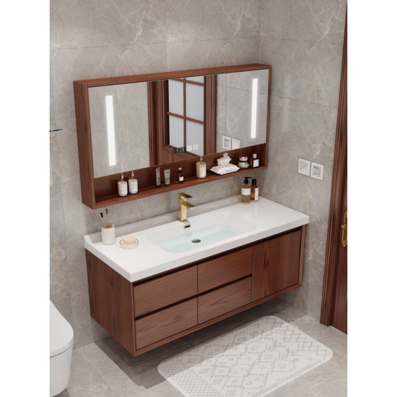 新中式红橡木陶瓷一体盆浴室柜组合橡木实木智能卫浴柜现代轻奢