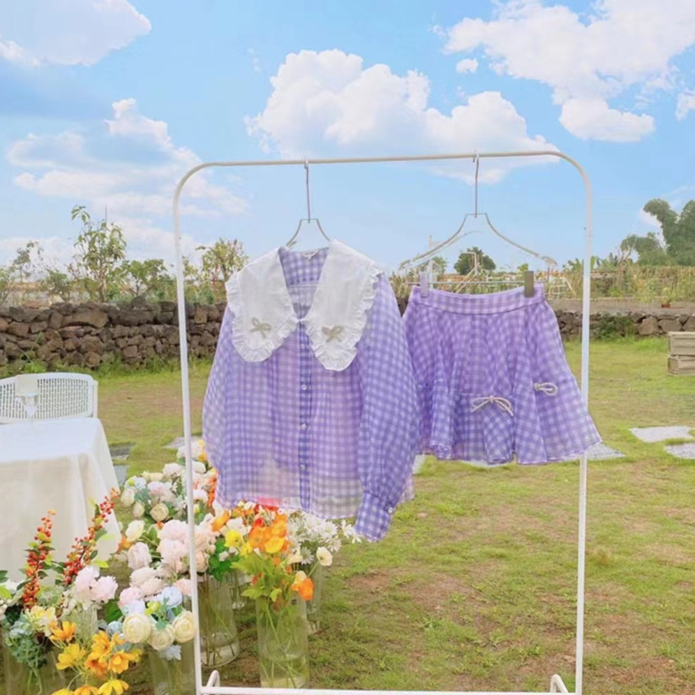 法式轻奢小众设计紫色格纹甜美名媛镶钻蝴蝶结半身裙时尚三件套装