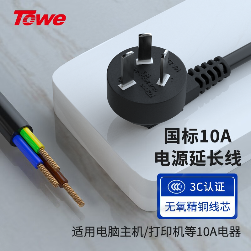TOWE同为纯铜10A16A三芯电线插头带线三孔电源连接线带插头大功率