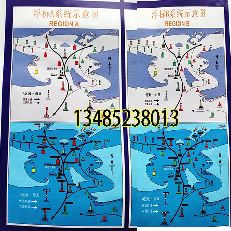 船用海报示意图 国际航标协会海上浮标制度 AB系统区域方位标志