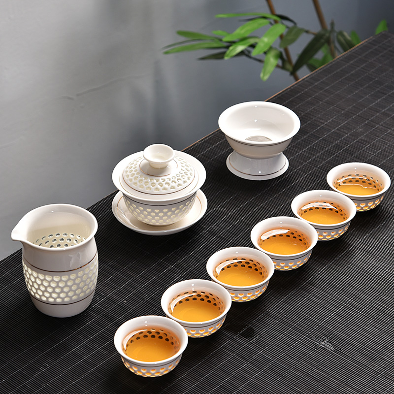 正品创意家用玲珑陶瓷功夫茶具套装茶盘盖碗茶壶泡茶杯简约冲茶器