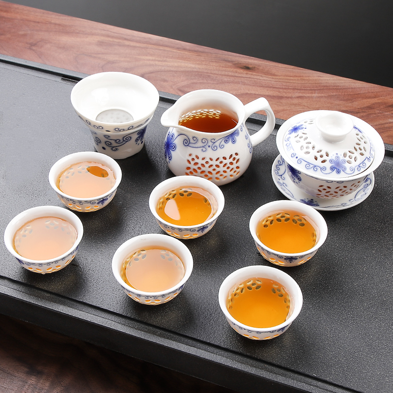高档玲珑镂空陶瓷功夫茶具套装家用三才盖碗泡茶杯整套公道杯茶壶