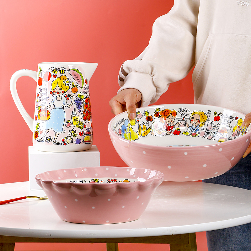 荷兰太太创意卡通大盆家用欧式水果盆和面盆12英寸陶瓷大汤碗圆形