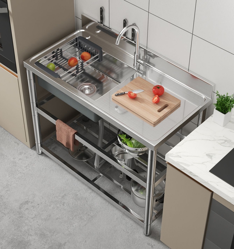 厨房不锈钢水槽大单槽带支架洗菜盆台面一体洗碗池加厚手工盆家用