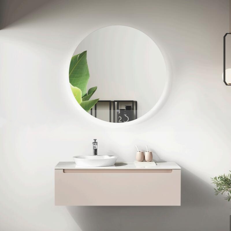 粉色浴室柜组合意式简约岩板洗脸盆挂墙式智能圆镜洗漱台实木出口