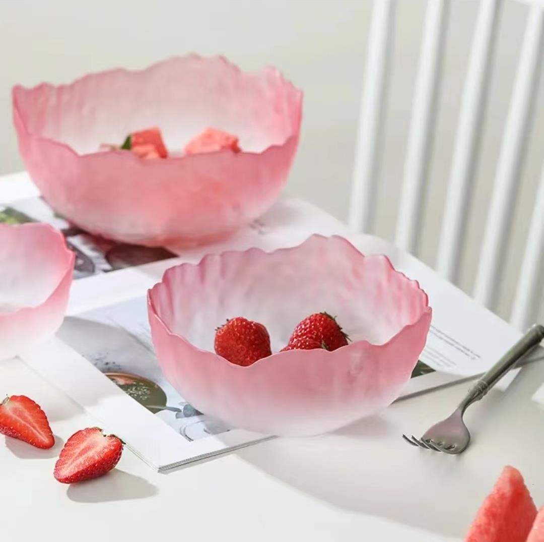 日式莲雾粉玻璃水果沙拉碗套装雪糕甜品碗家用客厅水果沙拉碗果盘