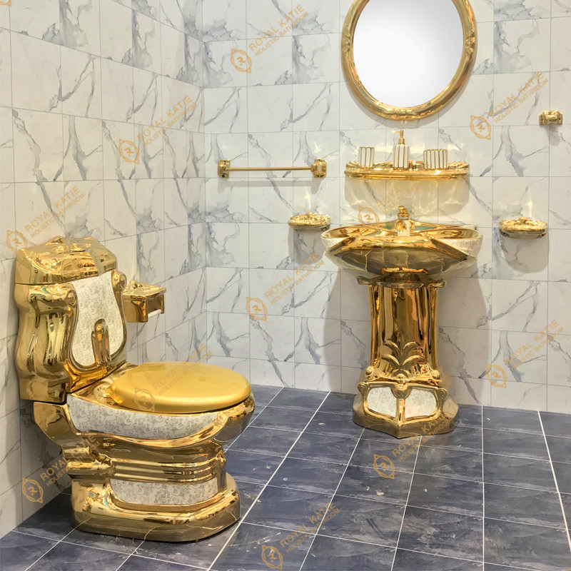 欧式酒店电镀金色陶瓷马桶柱盆高档别墅个性整体卫浴座便器分体柱
