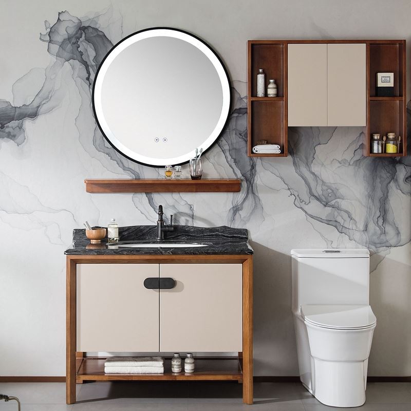 北欧智能镜橡木浴室柜实木落地大理石卫生间洗脸盆带侧柜组合套装