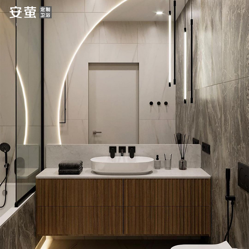 日式岩板浴室柜组合红橡原木色洗手脸池现代简约卫生间洗漱台上盆