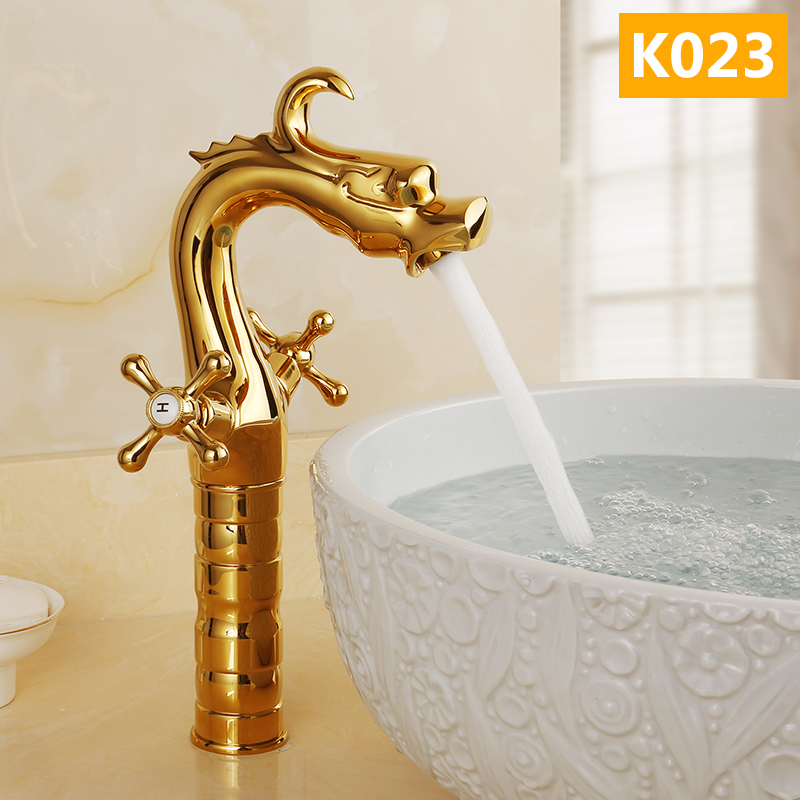 欧式全铜仿古冷热水龙头家用加高单孔洗手盆浴室面盆金色龙形龙头