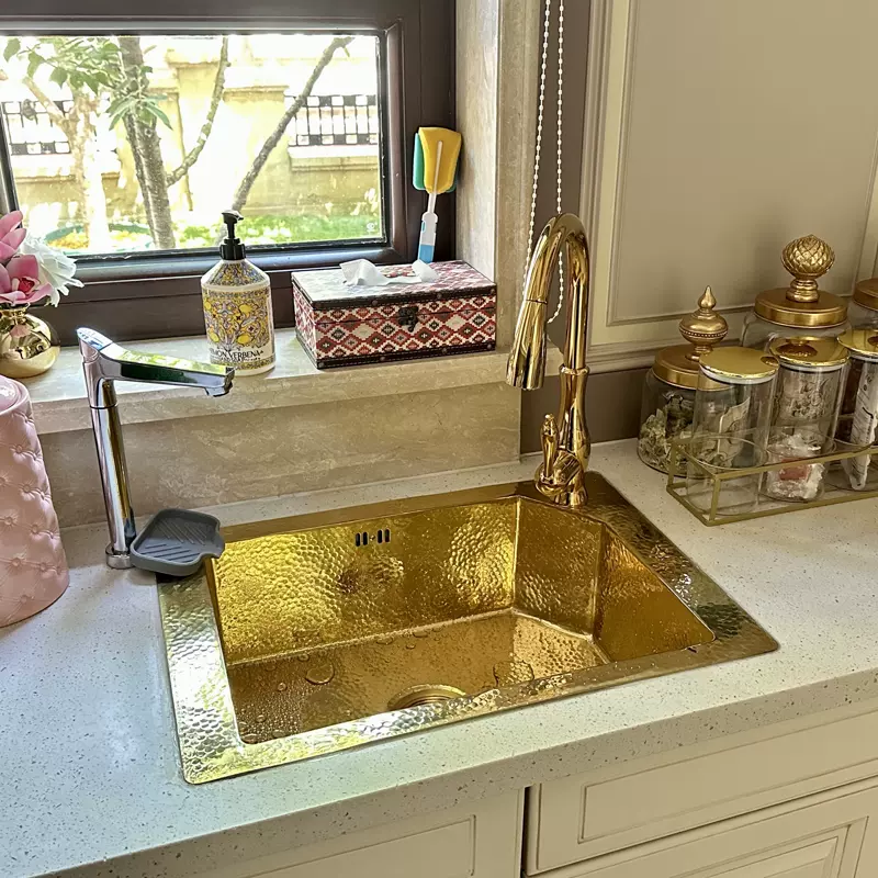 法式复古厨房水槽大单槽嵌入岛台洗菜池纯铜金色台下盆水盆洗碗池