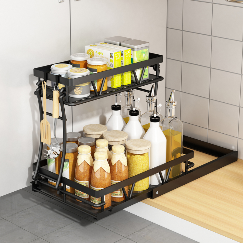 厨房下水槽置物架橱柜拉篮抽拉式调料架台面双层多功能抽屉收纳架