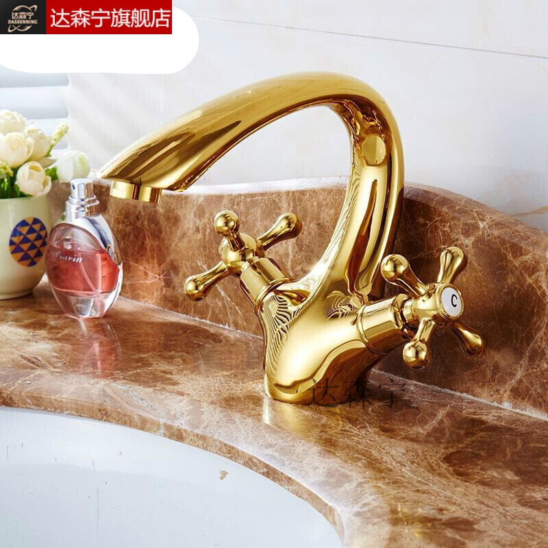 适用欧式金色黄铜水龙头浴室双把单孔仿古面盆台盆冷热龙头