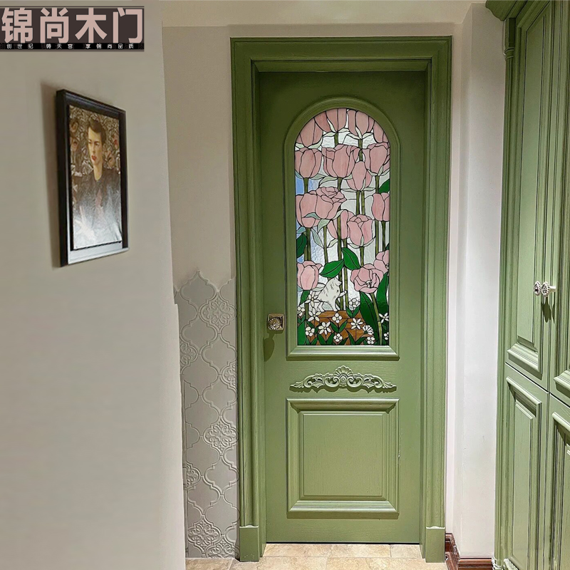 锦尚实木门艺术玻璃门卫生间蒂凡尼彩色玻璃绿色门烤漆实木卧室门
