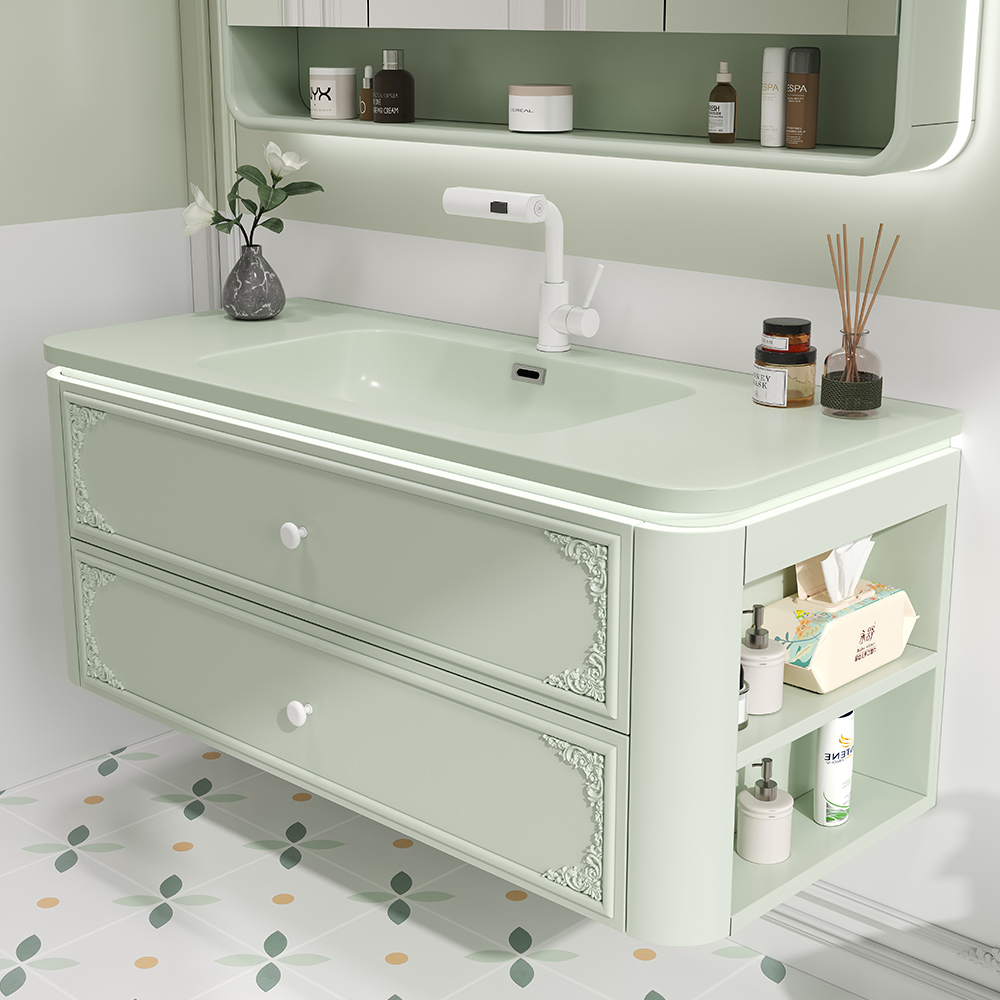 北欧雕花卫浴柜洗漱台浴室柜陶瓷一体盆绿色洗手盆柜组合洗脸池