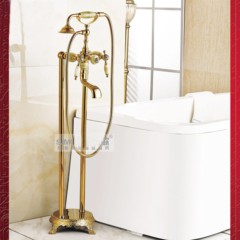 铜立式龙头坐式单花浴缸淋浴花洒混水阀欧式金色落地式冷热出水