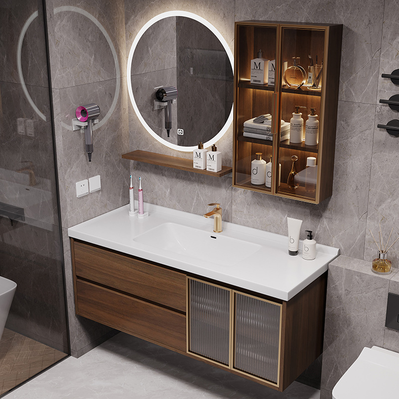 新中式胡桃木色陶瓷一体盆浴室柜组合化妆室洗手盆洗脸盆柜洗漱台