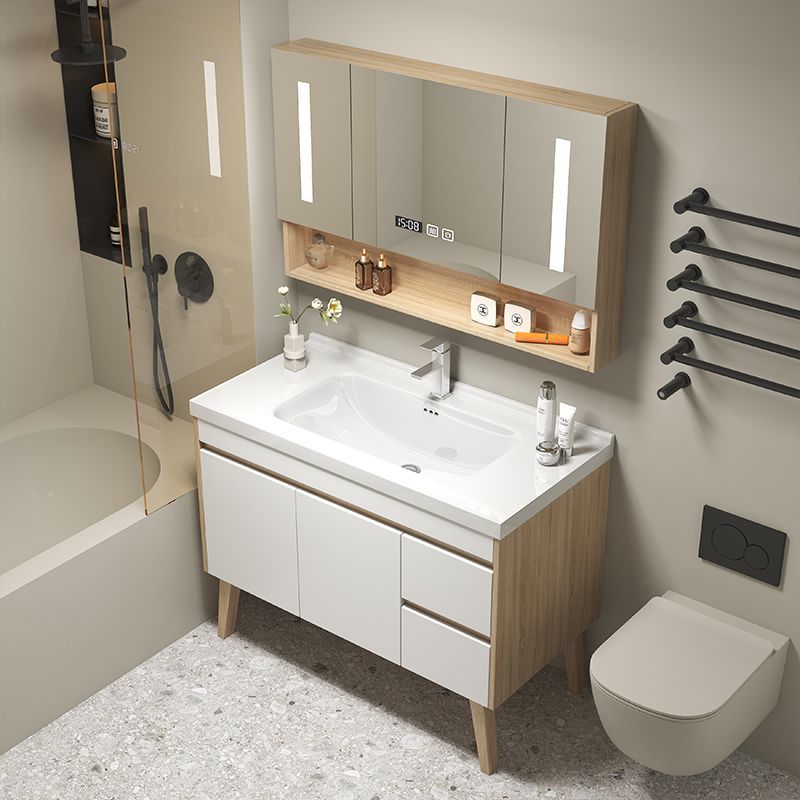 现代实木洗脸盆柜组合卫生间落地式洗手盆洗漱台陶瓷一体式盆镜柜