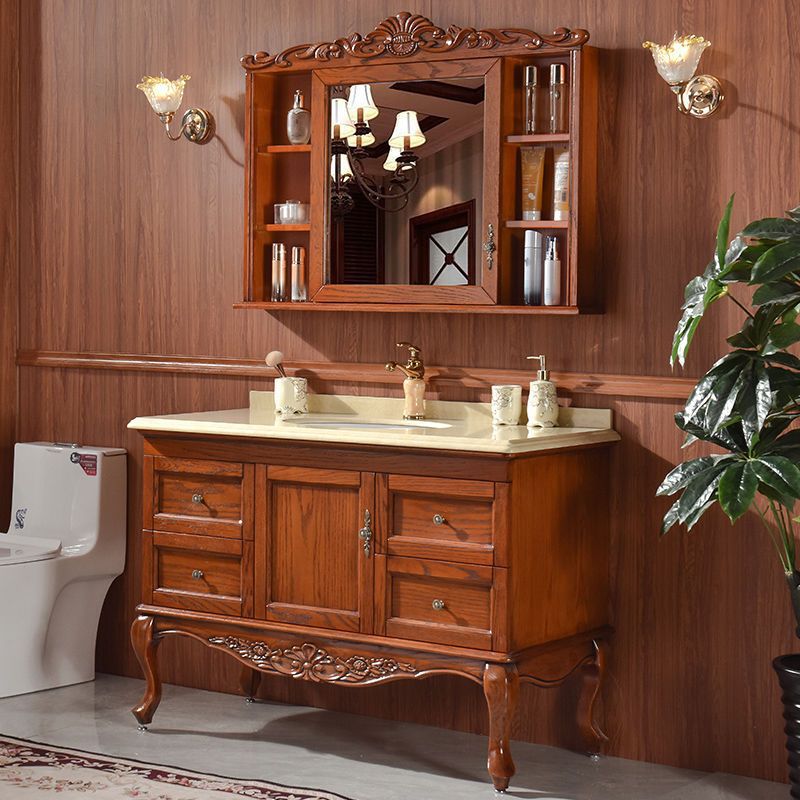 现货美式浴室柜红橡木组合智能镜柜洗漱台大理石卫生间落地洗面盆