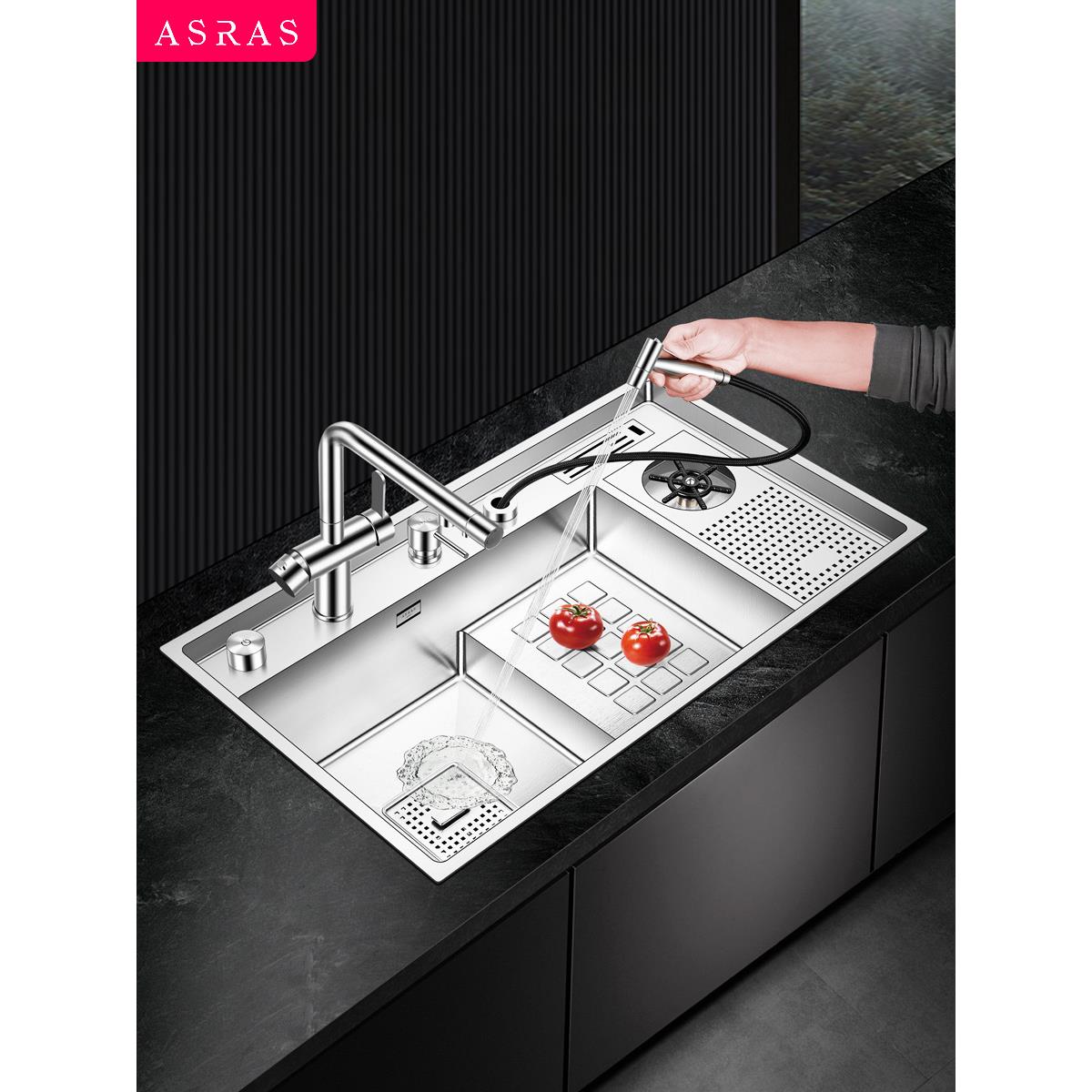 阿萨斯阶梯式水槽洗杯器洗菜盆304不锈钢手工水槽厨房高低大单槽