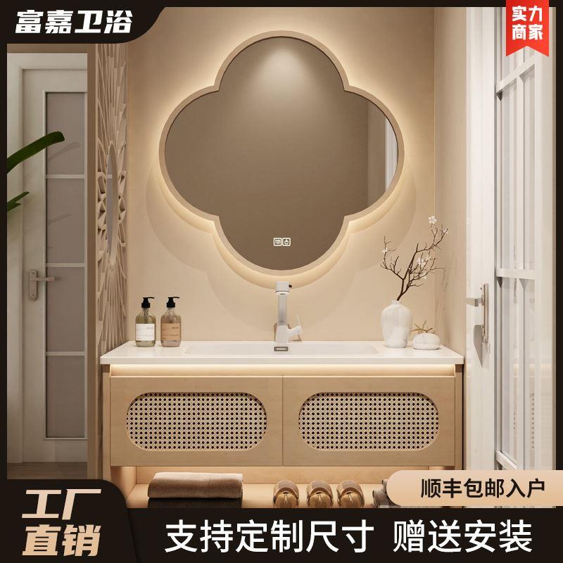 原木日式浴室柜一体陶瓷盆洗手盆柜组合洗脸盆柜洗手台智能梅花镜