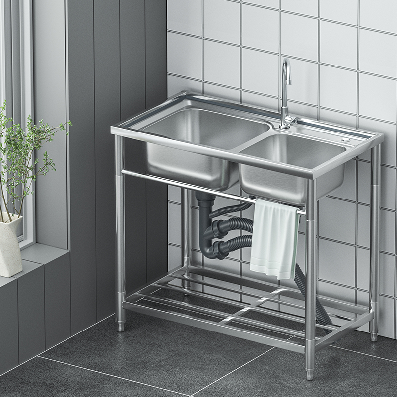 加厚阳台不锈钢单水槽家用厨房洗碗菜双盆简易洗手池带支架卫生间