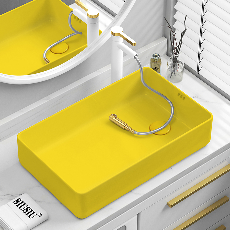 速发洗衣机上阳台极简黄色台上盆左右侧边下水侧排侧落水陶瓷洗手