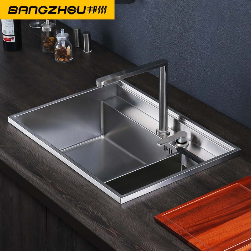 新品创意厨房隐藏式水槽单槽 304不锈钢纯手工台上盆带盖板洗菜盆