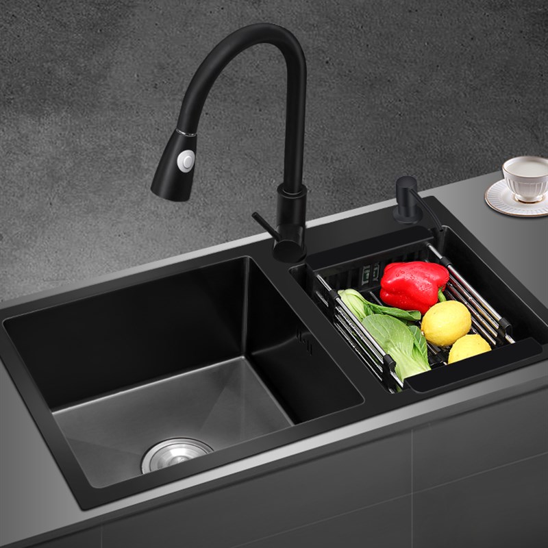 纳米厨房水槽双槽加厚304不锈钢黑色家用洗菜盆S手工洗碗单盆水池