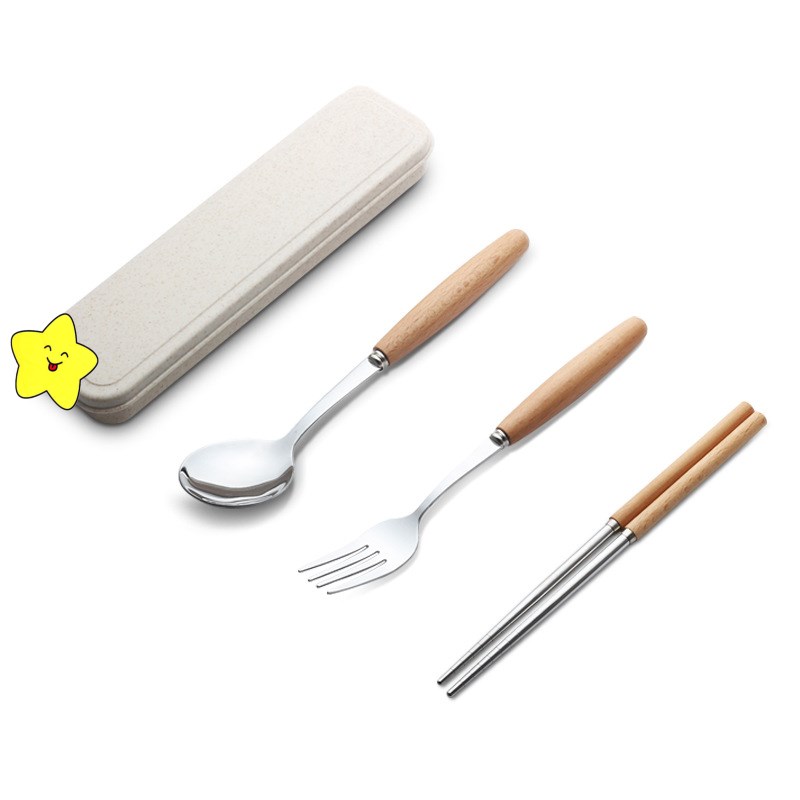 推荐不锈钢便携式餐具盒三件套外带学生叉子勺子筷子套装上班旅行