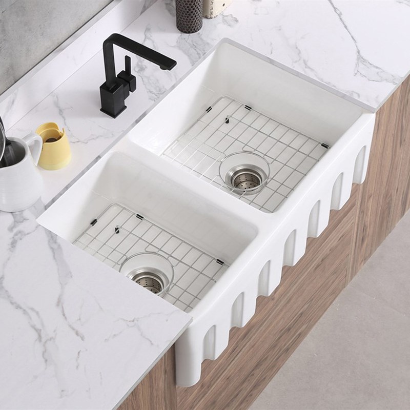 现货速发美式陶瓷半嵌入式厨房洗菜盆洗碗池水槽双槽大尺寸超深方