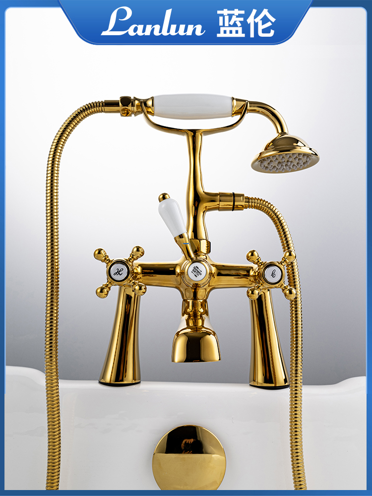 蓝伦卫浴全铜独立式铸铁搪瓷浴缸边上水龙头欧式手喷陶瓷花洒头