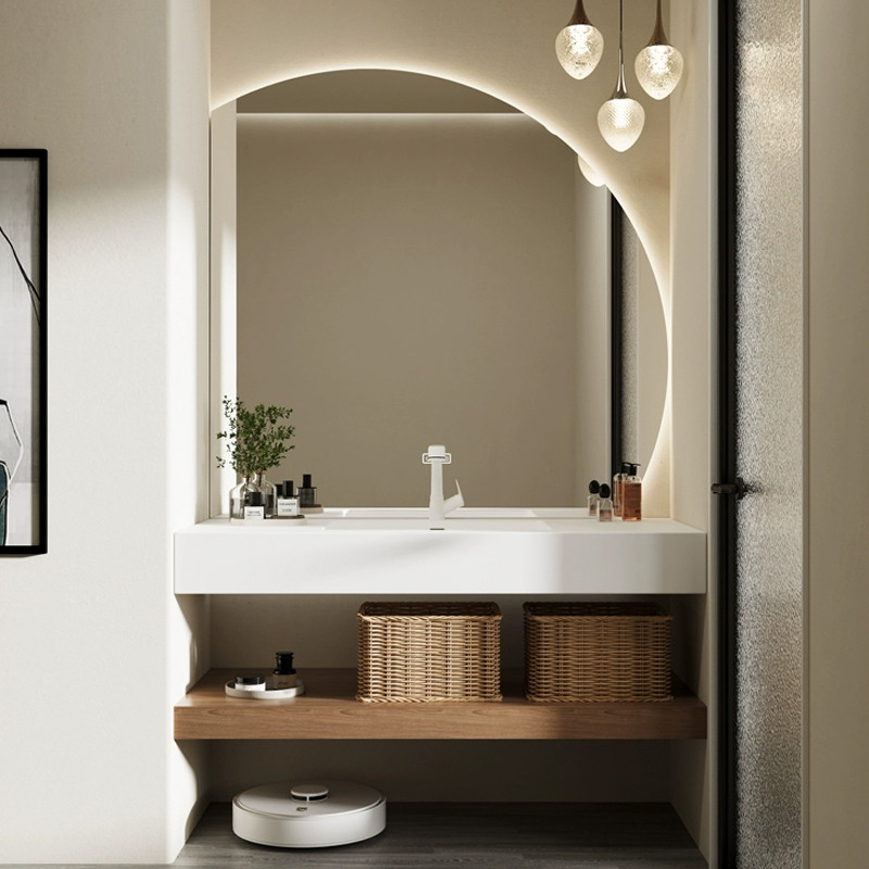 日式原木风可丽耐纯亚克力岩板陶瓷一体盆浴室柜组合洗脸洗漱台