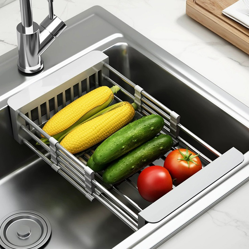 家用厨房碗盘水果蔬菜水槽收纳可伸缩沥水篮不锈钢置物架抖音同款