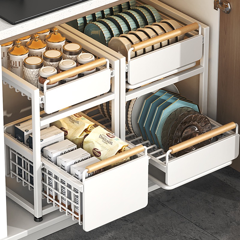 厨房橱柜拉篮下水槽置物架多功能碗碟调料收纳抽拉式分层整理架子