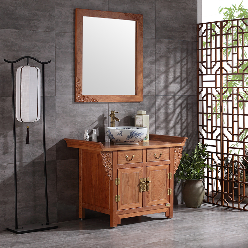 中式古典台上盆洗漱柜落地组合 90cm卫生间洗手池面盆柜红木 定制