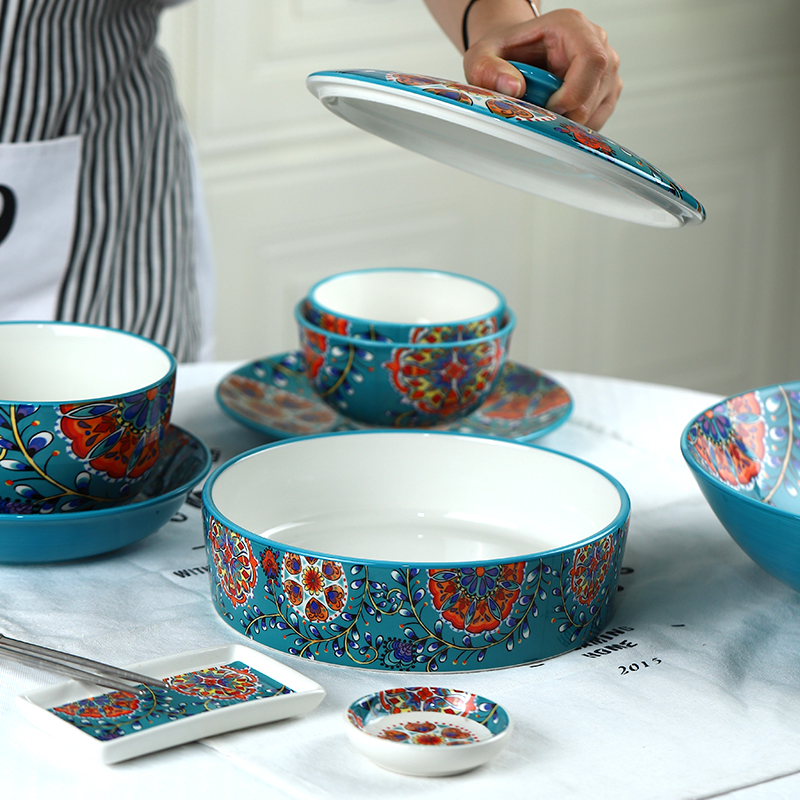 蓝孔雀手绘陶瓷餐具单个饭泡面碗汤碗网红异形碗盘碟套装家用组合
