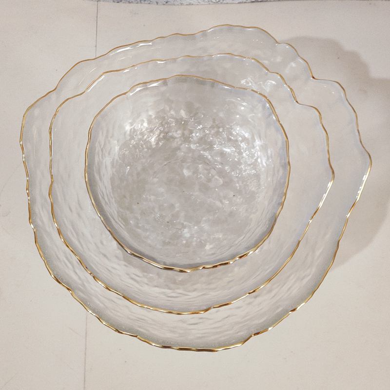 日式锤目纹金边透明雾面玻璃超大碗家庭沙拉碗冷面碗水果碗甜品碗