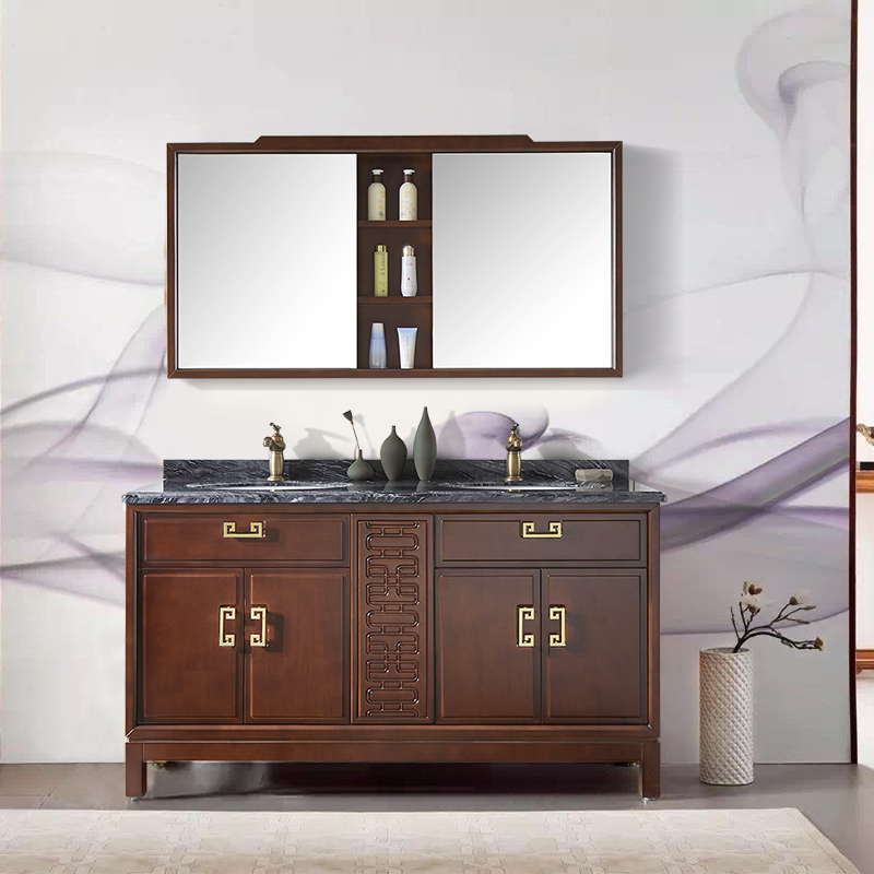 现代新中式落地式实木双盆双人浴室柜组合洗脸盆柜洗手面盆洗漱台