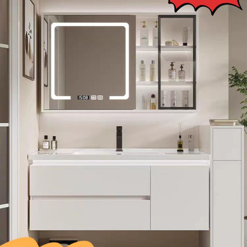 奶油白实木浴室柜组合一体陶瓷盆洗脸盆卫生间洗漱台洗面盆智能镜