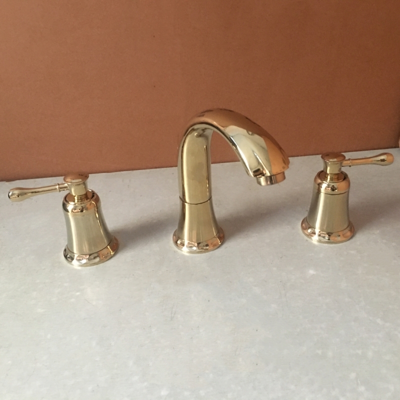 欧式分体面盆三孔水龙头浴室柜金色四件套黄金色冷热四孔龙头加厚
