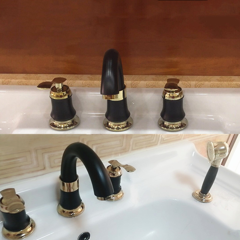 铜芯洗面盆四孔水龙头冷热浴室柜分体式台面坐式烤瓷白黑色三件套