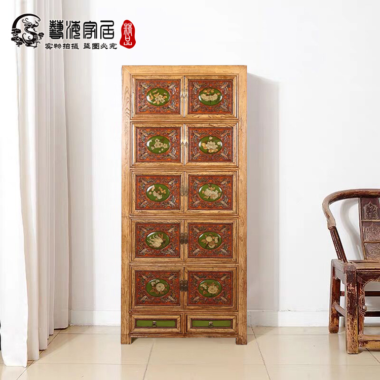 新中式家具餐边柜明清古典边柜彩绘小户型储物柜实木卧室高柜立柜